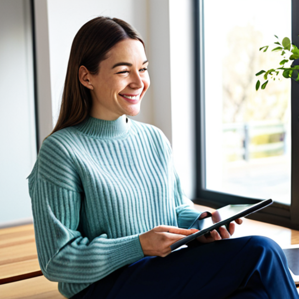 A thoughtful woman in her early 30s, dressed in a modest, smart casual outfit featuring a comfortable knit sweater and tailored trousers. She is sitting at a minimalist wooden desk in a bright, sunlit home office. She holds a tablet displaying a vibrant, perfectly curated social media feed with idealized travel photos and smiling faces. Her expression is reflective and contemplative, hinting at the introspection of balancing online presence with reality. The room is clean and airy, with a large window allowing natural light. Professional photography, high-resolution, crisp focus, soft natural lighting. Fully clothed, appropriate attire, modest clothing, safe for work, appropriate content, professional, perfect anatomy, correct proportions, natural pose, well-formed hands, proper finger count, natural body proportions.