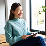 A thoughtful woman in her early 30s, dressed in a modest, smart casual outfit featuring a comfortable knit sweater and tailored trousers. She is sitting at a minimalist wooden desk in a bright, sunlit home office. She holds a tablet displaying a vibrant, perfectly curated social media feed with idealized travel photos and smiling faces. Her expression is reflective and contemplative, hinting at the introspection of balancing online presence with reality. The room is clean and airy, with a large window allowing natural light. Professional photography, high-resolution, crisp focus, soft natural lighting. Fully clothed, appropriate attire, modest clothing, safe for work, appropriate content, professional, perfect anatomy, correct proportions, natural pose, well-formed hands, proper finger count, natural body proportions.