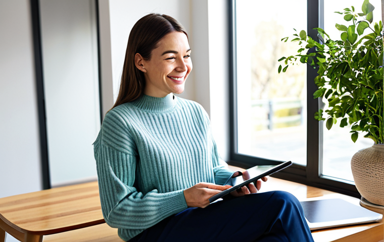 A thoughtful woman in her early 30s, dressed in a modest, smart casual outfit featuring a comfortable knit sweater and tailored trousers. She is sitting at a minimalist wooden desk in a bright, sunlit home office. She holds a tablet displaying a vibrant, perfectly curated social media feed with idealized travel photos and smiling faces. Her expression is reflective and contemplative, hinting at the introspection of balancing online presence with reality. The room is clean and airy, with a large window allowing natural light. Professional photography, high-resolution, crisp focus, soft natural lighting. Fully clothed, appropriate attire, modest clothing, safe for work, appropriate content, professional, perfect anatomy, correct proportions, natural pose, well-formed hands, proper finger count, natural body proportions.
