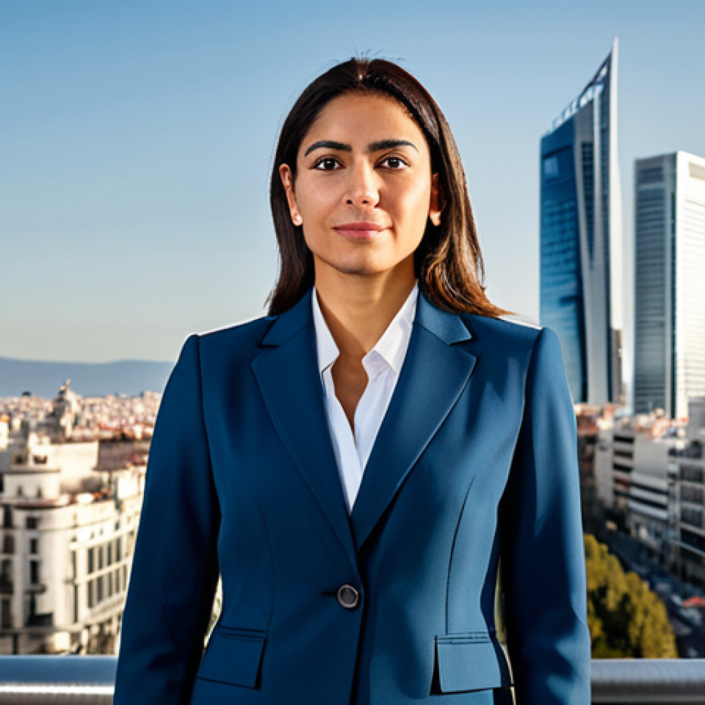 Professional Portrait**

A Hispanic businesswoman in a modest, tailored power suit, standing confidently in front of the Madrid skyline.  Fully clothed, appropriate attire, safe for work, perfect anatomy, natural proportions, professional photography, high quality, realistic.  The lighting is soft and flattering.  Family-friendly.

**