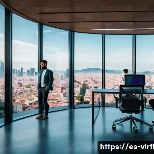 Home 28 가상 정체성을 통한 개인화된 사용자 경험 - A modern digital workspace scene in a vibrant Barcelona office, showcasing a diverse team of Hispani...