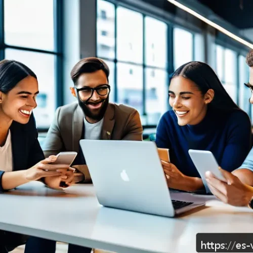Home 27 가상 정체성과 디지털 정체성의 차이점 - A diverse group of young professionals in a modern coworking space, each using laptops and smartphon...