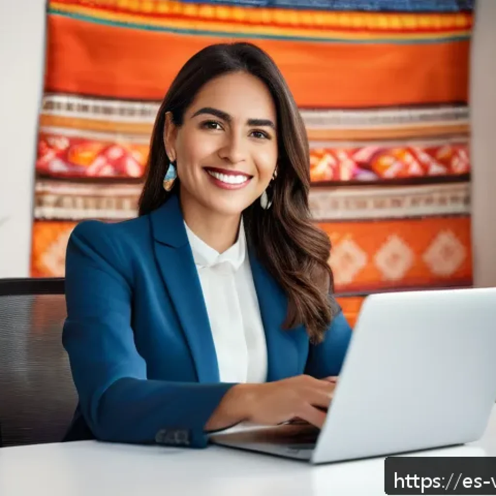 가상 정체성을 위한 온라인 이미지 관리 방법 - A professional Latin American businesswoman sitting confidently at a modern office desk, dressed in ...