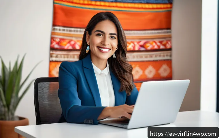 가상 정체성을 위한 온라인 이미지 관리 방법 - A professional Latin American businesswoman sitting confidently at a modern office desk, dressed in ...